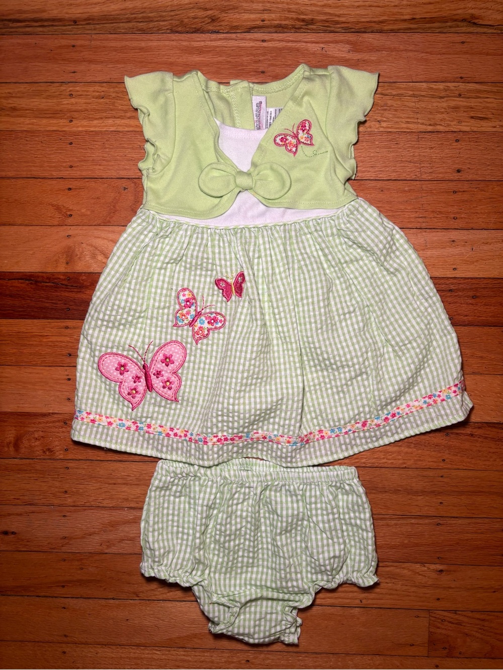 Youngland Light Green Gingham Dress with Pink Butterfly Embroidery